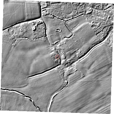 Shaded relief map of the ground around TN125DR, computed from Environment Agency LiDAR. The ground here sits at about 15 m above sea level and falls 6 m across the surrounding 800 m. Surface water reaching this point runs off ground lying to the north-west, 5.0 m higher.