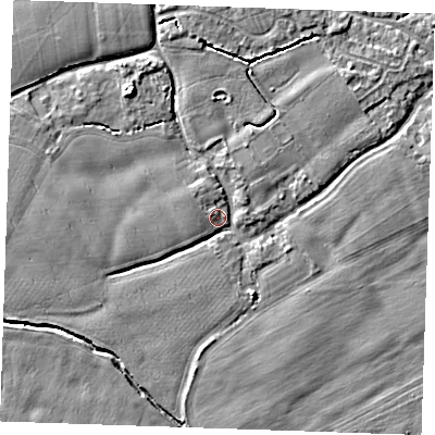 Shaded relief map of the ground around TN125DS, computed from Environment Agency LiDAR. The ground here sits at about 15 m above sea level and falls 6 m across the surrounding 800 m. Surface water reaching this point runs off ground lying to the north-west, 5.0 m higher.