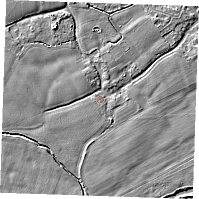 Shaded relief map of the ground around TN125DT, computed from Environment Agency LiDAR. The ground here sits at about 14 m above sea level and falls 7 m across the surrounding 800 m. The ground contributing surface water to this point lies to the south-west.