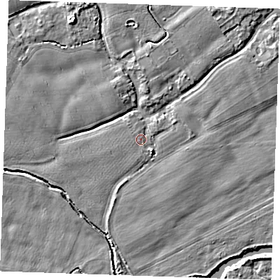 Shaded relief map of the ground around TN125DU, computed from Environment Agency LiDAR. The ground here sits at about 14 m above sea level and falls 7 m across the surrounding 800 m. Surface water reaching this point runs off ground lying to the west-south-west, 0.5 m higher.