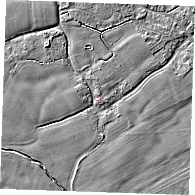Shaded relief map of the ground around TN125DW, computed from Environment Agency LiDAR. The ground here sits at about 14 m above sea level and falls 6 m across the surrounding 800 m. Surface water reaching this point runs off ground lying to the north-west, 5.0 m higher.
