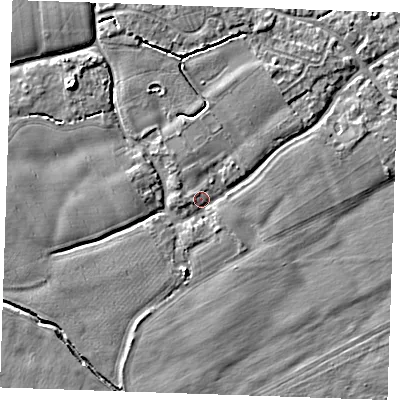 Shaded relief map of the ground around TN125DX, computed from Environment Agency LiDAR. The ground here sits at about 14 m above sea level and falls 6 m across the surrounding 800 m. Surface water reaching this point runs off ground lying to the north-west, 5.3 m higher.