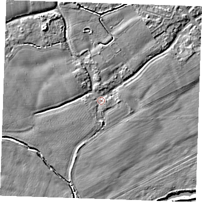 Shaded relief map of the ground around TN125DY, computed from Environment Agency LiDAR. The ground here sits at about 14 m above sea level and falls 7 m across the surrounding 800 m. Surface water reaching this point runs off ground lying to the north-west, 5.2 m higher.
