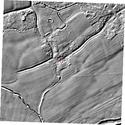 Shaded relief map of the ground around TN125DZ, computed from Environment Agency LiDAR. The ground here sits at about 14 m above sea level and falls 7 m across the surrounding 800 m. Surface water reaching this point runs off ground lying to the north-west, 5.3 m higher.