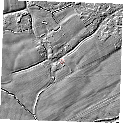Shaded relief map of the ground around TN125EA, computed from Environment Agency LiDAR. The ground here sits at about 14 m above sea level and falls 7 m across the surrounding 800 m. Surface water reaching this point runs off ground lying to the north-west, 5.3 m higher.