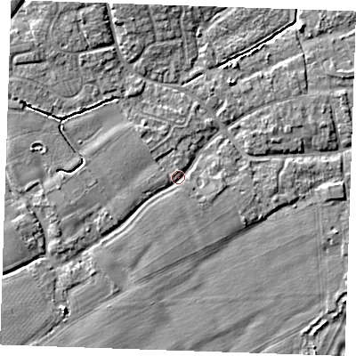 Shaded relief map of the ground around TN125EB, computed from Environment Agency LiDAR. The ground here sits at about 14 m above sea level and falls 5 m across the surrounding 800 m. Surface water reaching this point runs off ground lying to the west, 2.0 m higher.