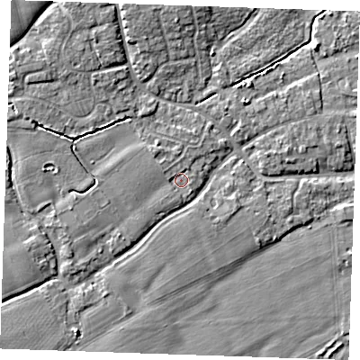 Shaded relief map of the ground around TN125ED, computed from Environment Agency LiDAR. The ground here sits at about 14 m above sea level and falls 5 m across the surrounding 800 m. Surface water reaching this point runs off ground lying to the west-south-west, 1.4 m higher.
