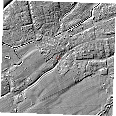 Shaded relief map of the ground around TN125EE, computed from Environment Agency LiDAR. The ground here sits at about 14 m above sea level and falls 6 m across the surrounding 800 m. Surface water reaching this point runs off ground lying to the west-south-west, 2.0 m higher.