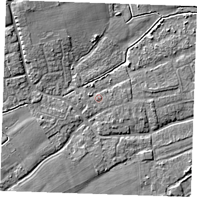 Shaded relief map of the ground around TN125EF, computed from Environment Agency LiDAR. The ground here sits at about 14 m above sea level and falls 7 m across the surrounding 800 m. Surface water reaching this point runs off ground lying to the west-north-west, 1.6 m higher.