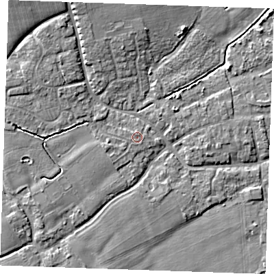 Shaded relief map of the ground around TN125EG, computed from Environment Agency LiDAR. The ground here sits at about 15 m above sea level and falls 7 m across the surrounding 800 m. Surface water reaching this point runs off ground lying to the west-south-west, 1.0 m higher.