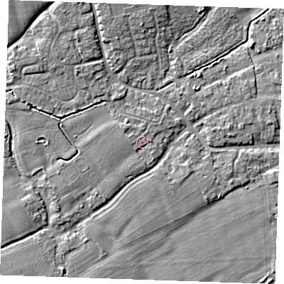 Shaded relief map of the ground around TN125EH, computed from Environment Agency LiDAR. The ground here sits at about 15 m above sea level and falls 6 m across the surrounding 800 m. Surface water reaching this point runs off ground lying to the west-south-west, 1.4 m higher.