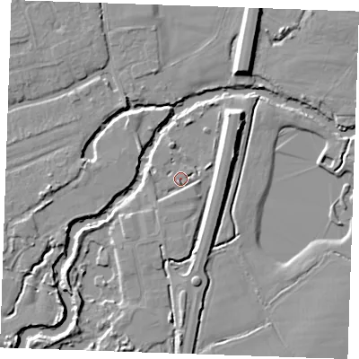 Shaded relief map of the ground around TN125EJ, computed from Environment Agency LiDAR. The ground here sits at about 13 m above sea level and falls 8 m across the surrounding 800 m. Surface water reaching this point runs off ground lying to the south-south-west, 1.8 m higher.