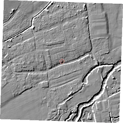 Shaded relief map of the ground around TN125EN, computed from Environment Agency LiDAR. The ground here sits at about 14 m above sea level and falls 7 m across the surrounding 800 m. Surface water reaching this point runs off ground lying to the west, 3.2 m higher.