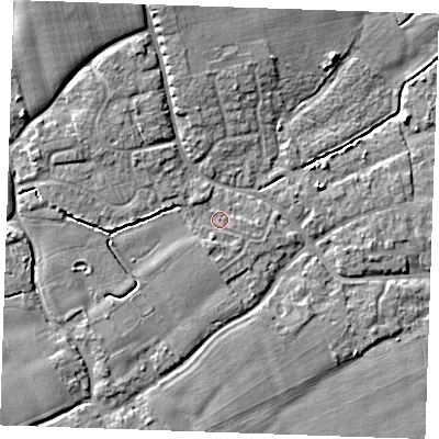 Shaded relief map of the ground around TN125EQ, computed from Environment Agency LiDAR. The ground here sits at about 14 m above sea level and falls 7 m across the surrounding 800 m. Surface water reaching this point runs off ground lying to the south-south-west, 0.9 m higher.