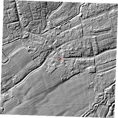 Shaded relief map of the ground around TN125ER, computed from Environment Agency LiDAR. The ground here sits at about 14 m above sea level and falls 7 m across the surrounding 800 m. Surface water reaching this point runs off ground lying to the south-west, 1.2 m higher.