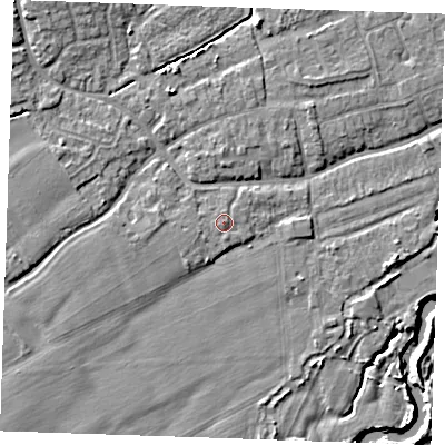 Shaded relief map of the ground around TN125ES, computed from Environment Agency LiDAR. The ground here sits at about 14 m above sea level and falls 7 m across the surrounding 800 m. Surface water reaching this point runs off ground lying to the west-south-west, 0.9 m higher.