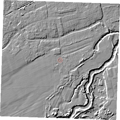 Shaded relief map of the ground around TN125EU, computed from Environment Agency LiDAR. The ground here sits at about 13 m above sea level and falls 6 m across the surrounding 800 m. Surface water reaching this point runs off ground lying to the north-east, 0.9 m higher.