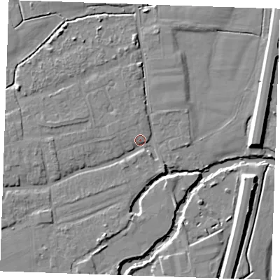 Shaded relief map of the ground around TN125EW, computed from Environment Agency LiDAR. The ground here sits at about 14 m above sea level and falls 8 m across the surrounding 800 m. Surface water reaching this point runs off ground lying to the west, 3.1 m higher.