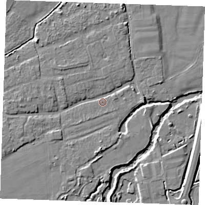 Shaded relief map of the ground around TN125EX, computed from Environment Agency LiDAR. The ground here sits at about 13 m above sea level and falls 6 m across the surrounding 800 m. Surface water reaching this point runs off ground lying to the east, 2.0 m higher.