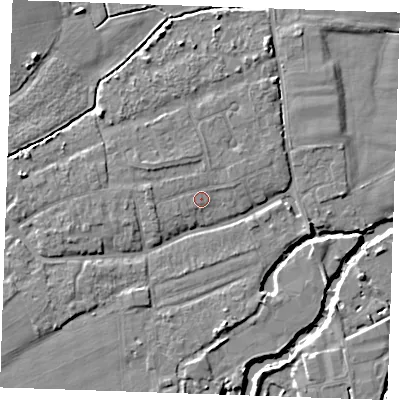 Shaded relief map of the ground around TN125HA, computed from Environment Agency LiDAR. The ground here sits at about 14 m above sea level and falls 7 m across the surrounding 800 m. Surface water reaching this point runs off ground lying to the west, 1.3 m higher.