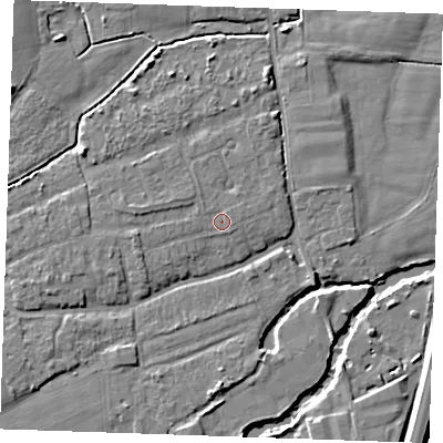 Shaded relief map of the ground around TN125HB, computed from Environment Agency LiDAR. The ground here sits at about 14 m above sea level and falls 7 m across the surrounding 800 m. Surface water reaching this point runs off ground lying to the north-west, 1.1 m higher.