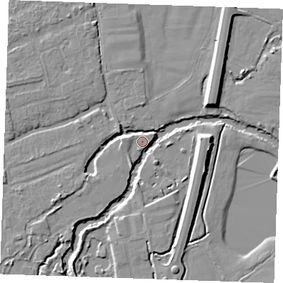 Shaded relief map of the ground around TN125HD, computed from Environment Agency LiDAR. The ground here sits at about 13 m above sea level and falls 8 m across the surrounding 800 m. Surface water reaching this point runs off ground lying to the west, 2.6 m higher.
