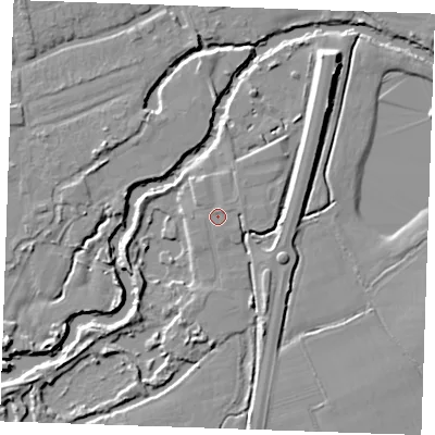 Shaded relief map of the ground around TN125HF, computed from Environment Agency LiDAR. The ground here sits at about 13 m above sea level and falls 8 m across the surrounding 800 m. Surface water reaching this point runs off ground lying to the east-north-east, 1.0 m higher.