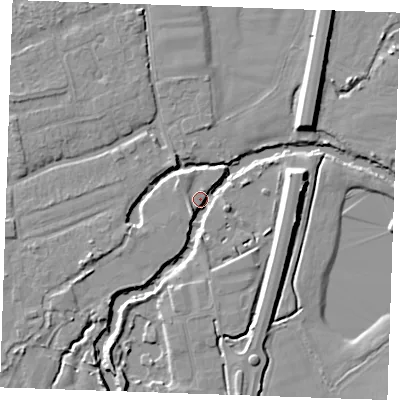 Shaded relief map of the ground around TN125HH, computed from Environment Agency LiDAR. The ground here sits at about 13 m above sea level and falls 8 m across the surrounding 800 m. Surface water reaching this point runs off ground lying to the south-south-west, 4.7 m higher.
