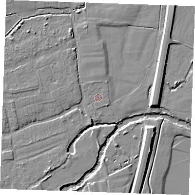 Shaded relief map of the ground around TN125HJ, computed from Environment Agency LiDAR. The ground here sits at about 13 m above sea level and falls 8 m across the surrounding 800 m. Surface water reaching this point runs off ground lying to the north-north-west, 0.9 m higher.