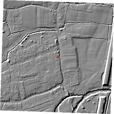 Shaded relief map of the ground around TN125HL, computed from Environment Agency LiDAR. The ground here sits at about 14 m above sea level and falls 8 m across the surrounding 800 m. Surface water reaching this point runs off ground lying to the north-north-west, 2.4 m higher.