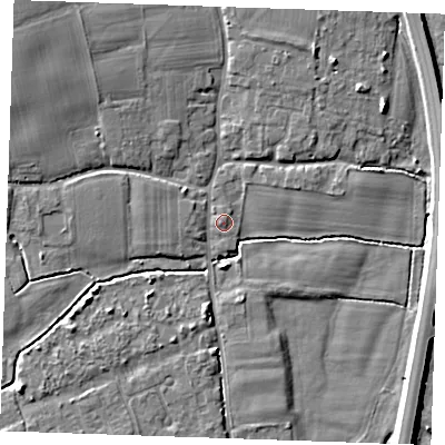 Shaded relief map of the ground around TN125HN, computed from Environment Agency LiDAR. The ground here sits at about 14 m above sea level and falls 8 m across the surrounding 800 m. Surface water reaching this point runs off ground lying to the west-north-west, 1.7 m higher.