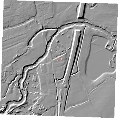 Shaded relief map of the ground around TN125HP, computed from Environment Agency LiDAR. The ground here sits at about 14 m above sea level and falls 8 m across the surrounding 800 m. Surface water reaching this point runs off ground lying to the south-west, 1.8 m higher.