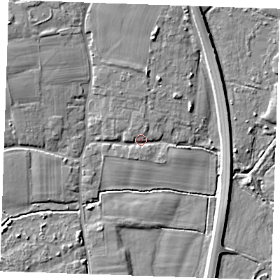 Shaded relief map of the ground around TN125HR, computed from Environment Agency LiDAR. The ground here sits at about 13 m above sea level and falls 7 m across the surrounding 800 m. Surface water reaching this point runs off ground lying to the north-west, 5.1 m higher.