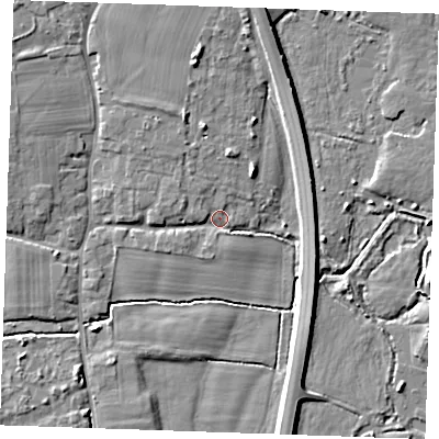 Shaded relief map of the ground around TN125HS, computed from Environment Agency LiDAR. The ground here sits at about 13 m above sea level and falls 6 m across the surrounding 800 m. Surface water reaching this point runs off ground lying to the north-west, 3.6 m higher.