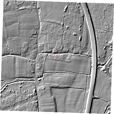 Shaded relief map of the ground around TN125HT, computed from Environment Agency LiDAR. The ground here sits at about 14 m above sea level and falls 7 m across the surrounding 800 m. Surface water reaching this point runs off ground lying to the north-west, 5.2 m higher.