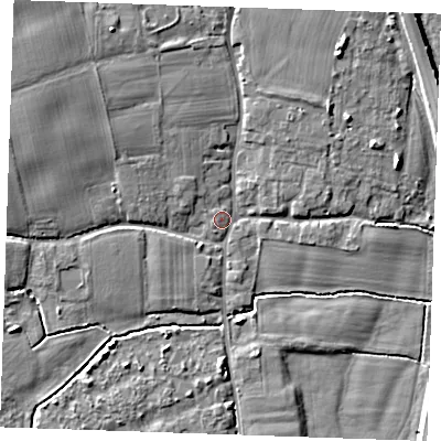 Shaded relief map of the ground around TN125HU, computed from Environment Agency LiDAR. The ground here sits at about 13 m above sea level and falls 8 m across the surrounding 800 m. Surface water reaching this point runs off ground lying to the west-north-west, 5.6 m higher.