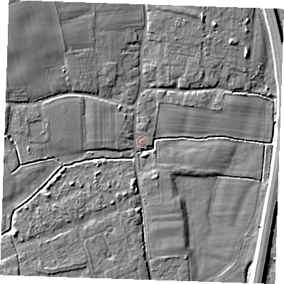 Shaded relief map of the ground around TN125HW, computed from Environment Agency LiDAR. The ground here sits at about 13 m above sea level and falls 8 m across the surrounding 800 m. Surface water reaching this point runs off ground lying to the west-south-west, 4.2 m higher.