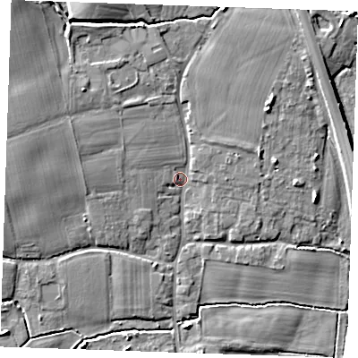 Shaded relief map of the ground around TN125HX, computed from Environment Agency LiDAR. The ground here sits at about 13 m above sea level and falls 9 m across the surrounding 800 m. Surface water reaching this point runs off ground lying to the west-north-west, 5.6 m higher.
