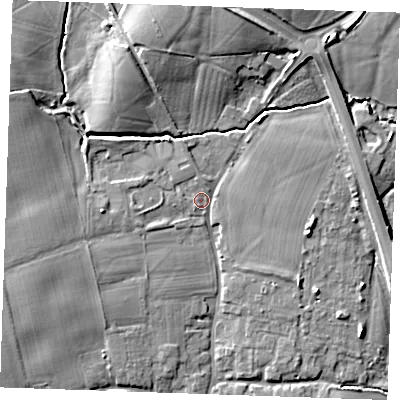 Shaded relief map of the ground around TN125HY, computed from Environment Agency LiDAR. The ground here sits at about 14 m above sea level and falls 9 m across the surrounding 800 m. Surface water reaching this point runs off ground lying to the north, 8.4 m higher.
