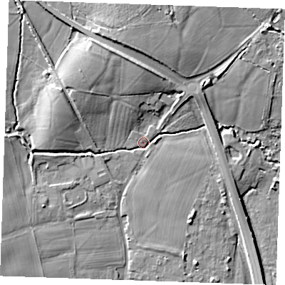 Shaded relief map of the ground around TN125HZ, computed from Environment Agency LiDAR. The ground here sits at about 14 m above sea level and falls 10 m across the surrounding 800 m. Surface water reaching this point runs off ground lying to the north-north-west, 8.3 m higher.