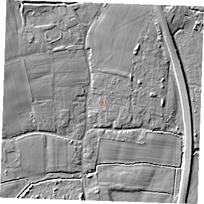 Shaded relief map of the ground around TN125JA, computed from Environment Agency LiDAR. The ground here sits at about 14 m above sea level and falls 8 m across the surrounding 800 m. Surface water reaching this point runs off ground lying to the north-north-east, 1.1 m higher.