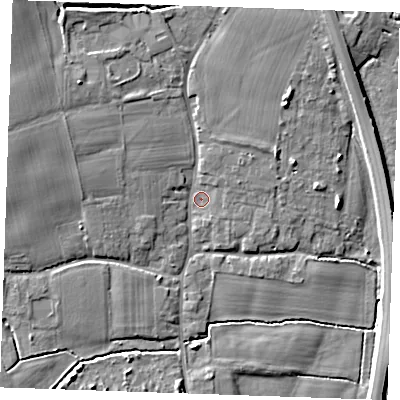 Shaded relief map of the ground around TN125JB, computed from Environment Agency LiDAR. The ground here sits at about 13 m above sea level and falls 8 m across the surrounding 800 m. Surface water reaching this point runs off ground lying to the west-north-west, 5.5 m higher.
