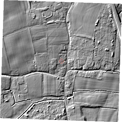Shaded relief map of the ground around TN125JE, computed from Environment Agency LiDAR. The ground here sits at about 14 m above sea level and falls 9 m across the surrounding 800 m. Surface water reaching this point runs off ground lying to the north-west, 2.1 m higher.