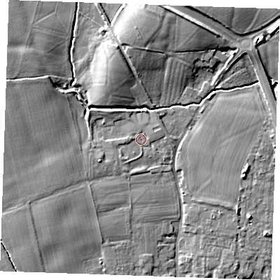Shaded relief map of the ground around TN125JG, computed from Environment Agency LiDAR. The ground here sits at about 15 m above sea level and falls 9 m across the surrounding 800 m. Surface water reaching this point runs off ground lying to the west-south-west, 2.8 m higher.