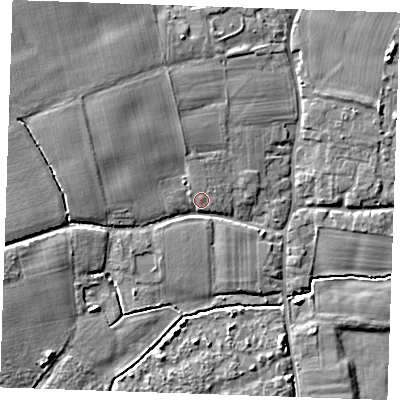 Shaded relief map of the ground around TN125JH, computed from Environment Agency LiDAR. The ground here sits at about 15 m above sea level and falls 9 m across the surrounding 800 m. Surface water reaching this point runs off ground lying to the north-west, 4.1 m higher.