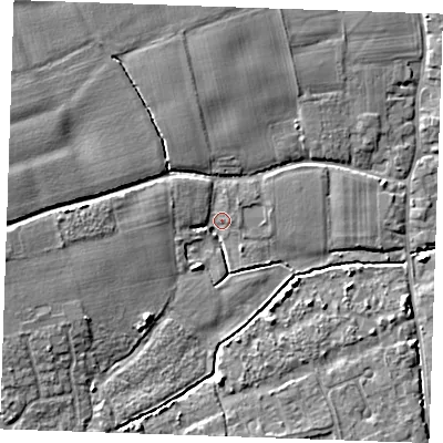 Shaded relief map of the ground around TN125JJ, computed from Environment Agency LiDAR. The ground here sits at about 14 m above sea level and falls 8 m across the surrounding 800 m. Surface water reaching this point runs off ground lying to the west, 5.1 m higher.