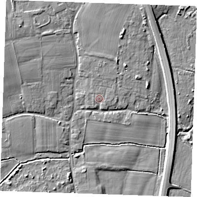 Shaded relief map of the ground around TN125JL, computed from Environment Agency LiDAR. The ground here sits at about 14 m above sea level and falls 7 m across the surrounding 800 m. Surface water reaching this point runs off ground lying to the north, 1.5 m higher.