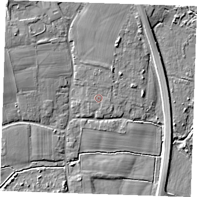 Shaded relief map of the ground around TN125JN, computed from Environment Agency LiDAR. The ground here sits at about 14 m above sea level and falls 7 m across the surrounding 800 m. Surface water reaching this point runs off ground lying to the north, 0.9 m higher.