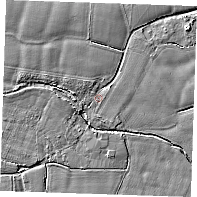 Shaded relief map of the ground around TN125JP, computed from Environment Agency LiDAR. The ground here sits at about 15 m above sea level and falls 6 m across the surrounding 800 m. Surface water reaching this point runs off ground lying to the north-west, 3.6 m higher.