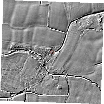 Shaded relief map of the ground around TN125JR, computed from Environment Agency LiDAR. The ground here sits at about 16 m above sea level and falls 6 m across the surrounding 800 m. Surface water reaching this point runs off ground lying to the west-north-west, 2.9 m higher.